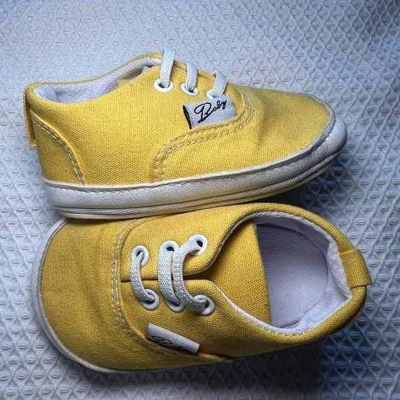 Baby Yellow Sneakers Slip on Size 3 Soft Sole Newborn Unisex Crawling Shoes - Picture 3 of 6